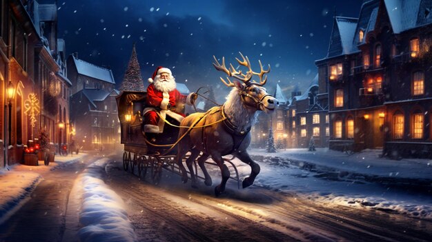 Санта-Клаус едет на санях, тянутых оленами, через заснеженный город.