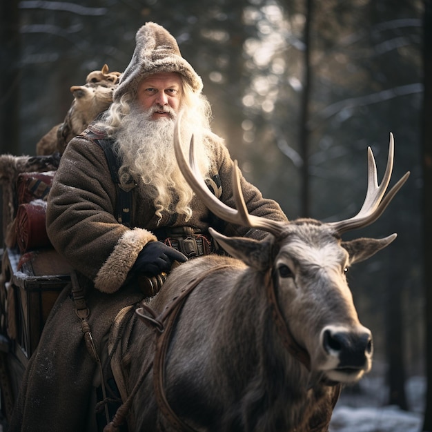 Дед Мороз катается на санях с оленями