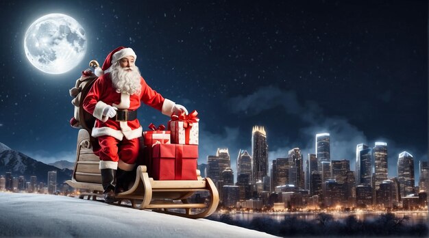 Santa claus riding on sleigh with gift box against bright moon over city