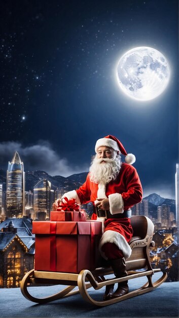 Santa claus riding on sleigh with gift box against bright moon over city