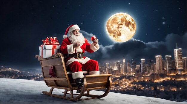 Photo santa claus riding on sleigh with gift box against bright moon over city