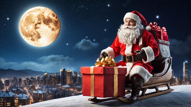 Santa claus riding on sleigh with gift box against bright moon over city