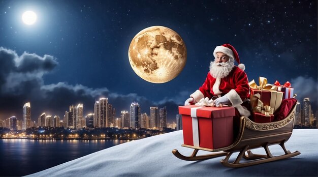 Santa claus riding on sleigh with gift box against bright moon over city