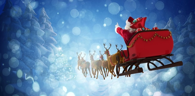 Santa Claus riding on sleigh with gift box against winter village