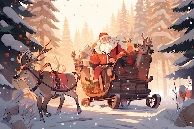Санта-клаус едет в санях с оленями и генеративным искусственным интеллектом оленей