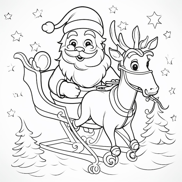 Санта-Клаус едет на санях с оленями и звездами