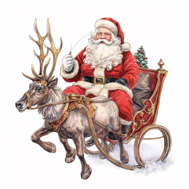 Santa claus riding in a sleigh with reindeers and a tree generative ai