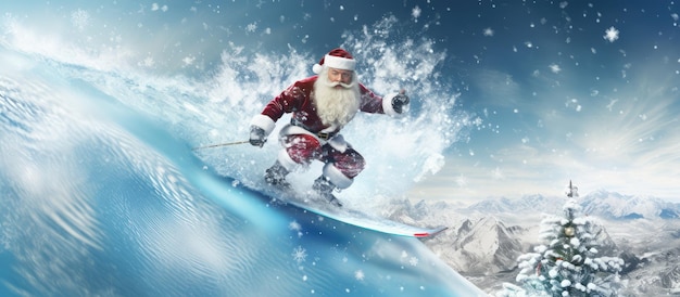 Photo santa claus riding a snow covered world globe while surfing isolated pastel background copy space