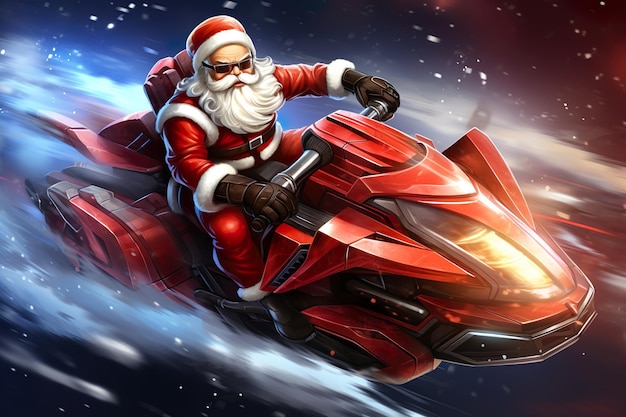 Santa Claus Riding Snowmobile Futuristic style Winter forest landscape