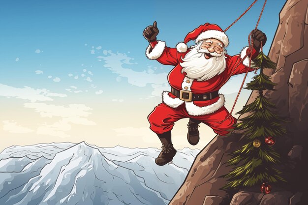 A Santa Claus rock climbing in Yosemite park challenge Christmas funny illustration