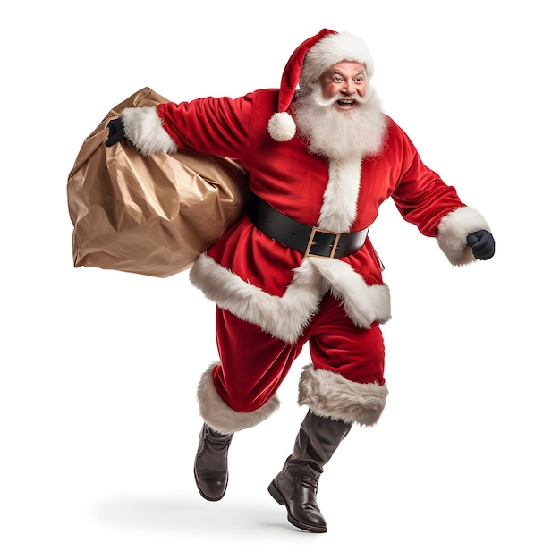 Santa Claus Running With A bag Of Gifts On A White Background AI Generated