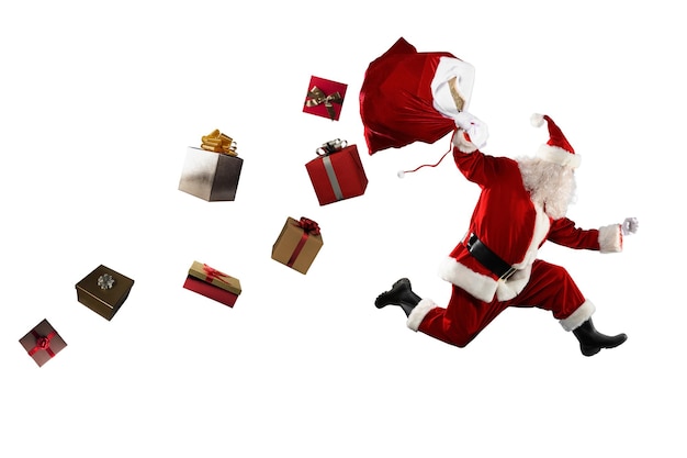 Santa claus runs fast to deliver all gifts for christmas