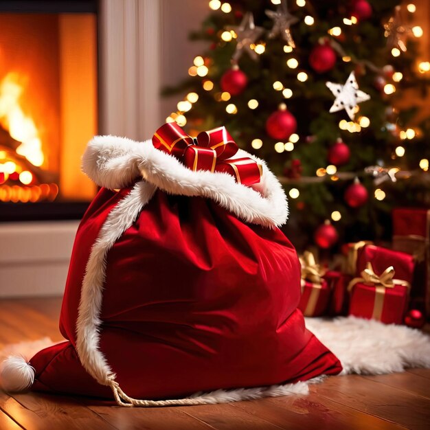 Santa claus sack of gifts nexts to Christmas Tree cultural tradition of giving and sharing