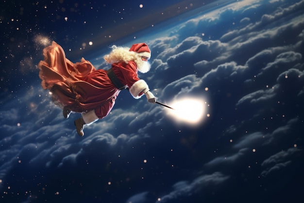 Santa Claus or Saint Nicholas makes a magic with magic wand in clouds Christmas fairytale