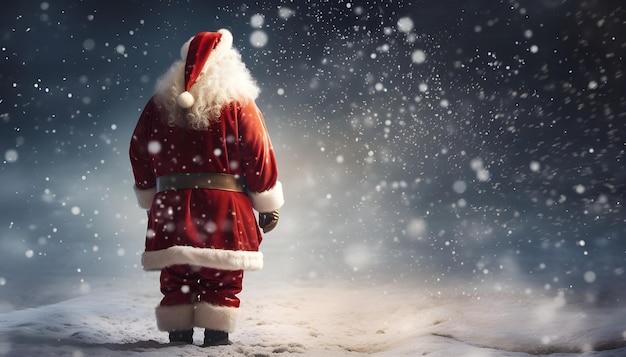 Санта-Клаус сзади стоит на зимнем пейзаже со снежинками на заднем плане