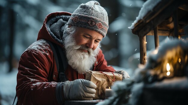 Santa Claus setting up a mailbox for letters to the North Pole with festive decorations mailbox Ch