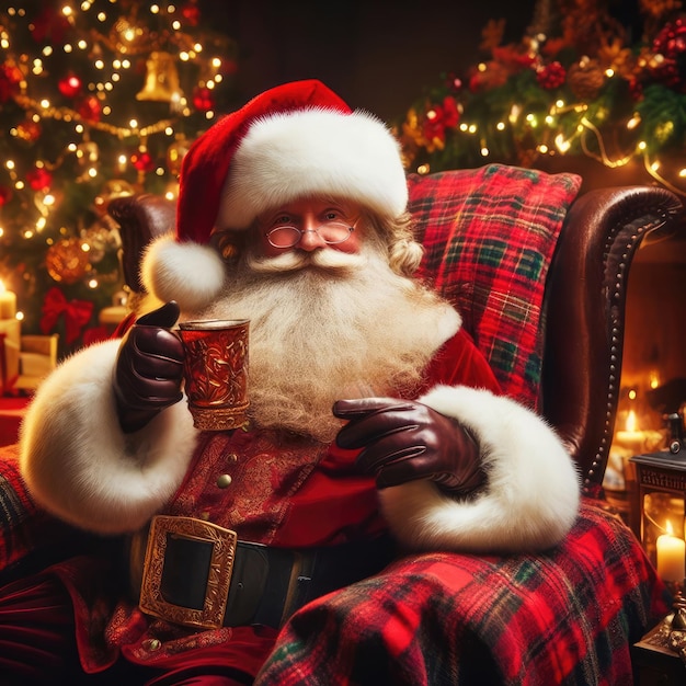 Santa Claus sits in a chair near the Christmas tree and holds a glass in his hand