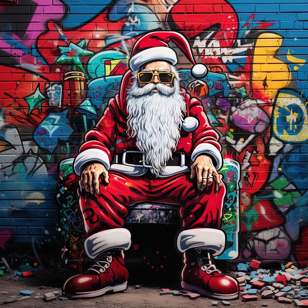 산타클로스가 벽에 그래피티가 있는 의자에 앉아 있다