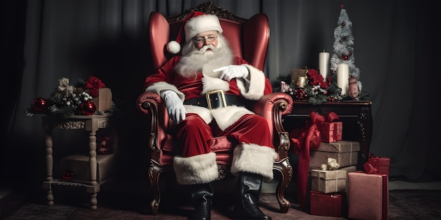 A santa claus sits in a chair with presents and a gift bag.