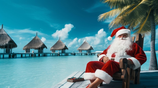 Santa Claus sits on the shore of a quiet and calm lagoon on an island with crystal clear azure wate