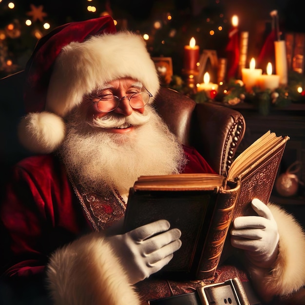 Santa Claus sits smiling in an armchair and reads from an old book