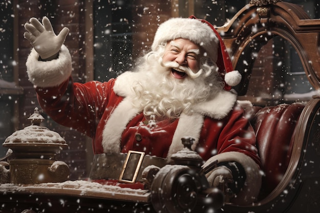 サンタクロースがアームチェアに座って手を振ってクリスマスと新年のコンセプト