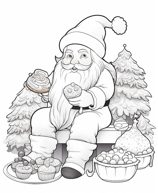 santa claus sitting on a bench with a cupcake and a tree generative ai