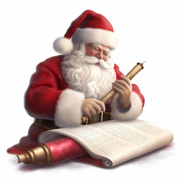 Santa claus sitting on a book and writing a letter generative ai