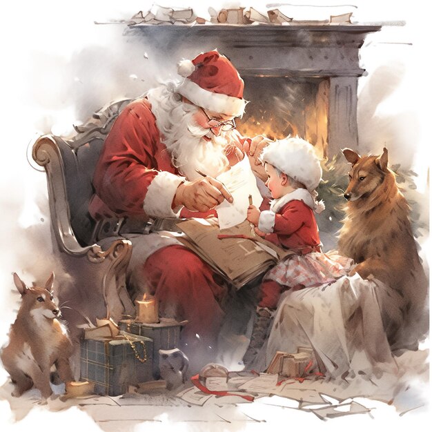 Санта-Клаус сидит у камина и внимательно читает письмо, написанное ребенком