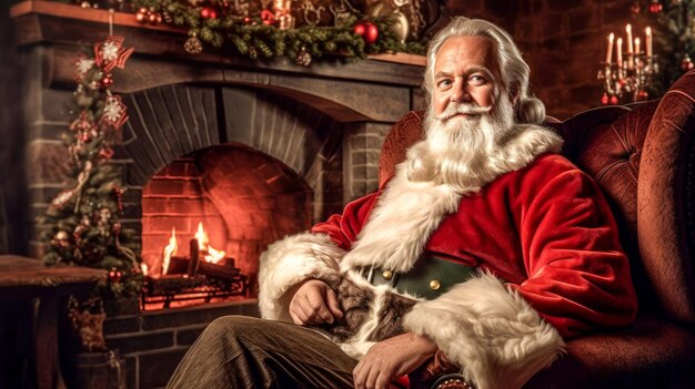 Santa Claus sitting in chair by the fireplace Christmas and New Year concept Home decoration