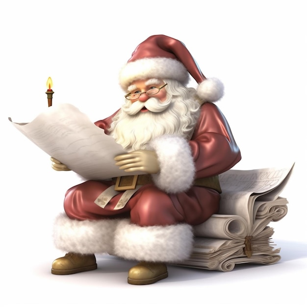 Santa claus sitting on a chair reading a newspaper and holding a candle generative ai