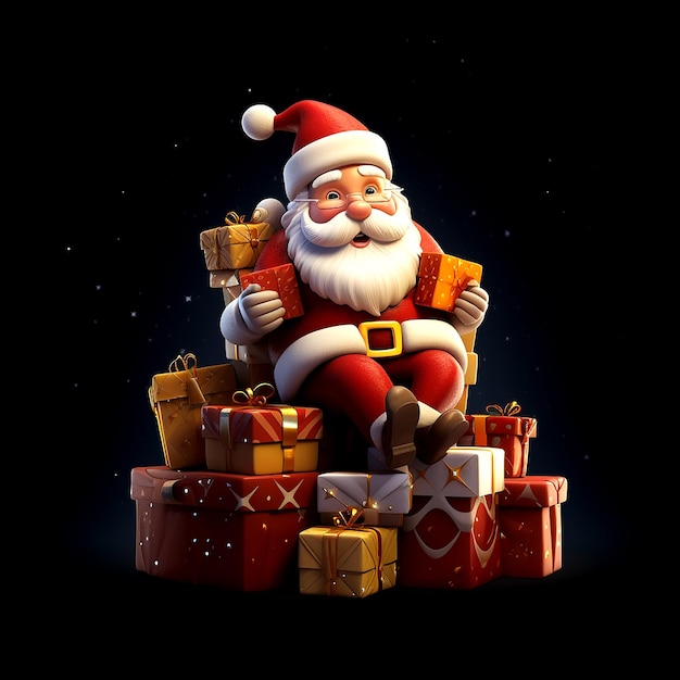 Santa Claus sitting on gift boxes black background