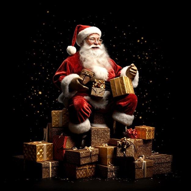 Santa Claus sitting on gift boxes black background