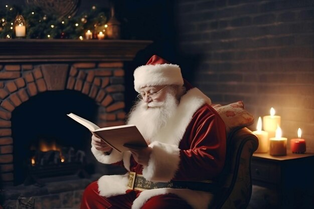 Santa Claus sitting at his room at home near fireplace and Christmas tree and reading Christmas letter or wish list AI generated