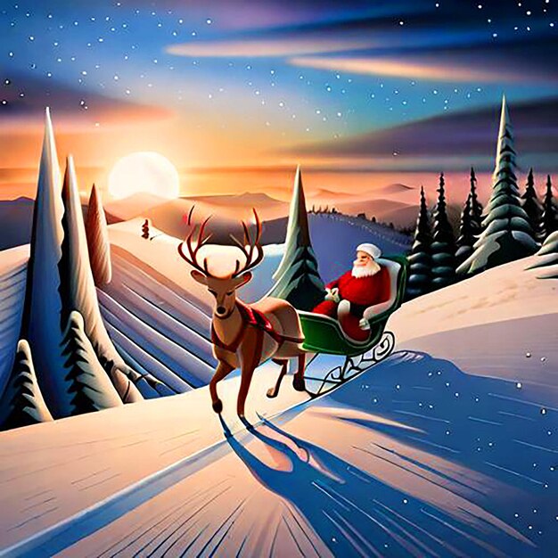 Фото Санта-клаус сидит на санях с оленем.