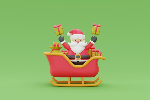 Foto babbo natale seduto su una slitta trainata da renne con scatole regalo buon natale e felice anno nuovo rendering 3d