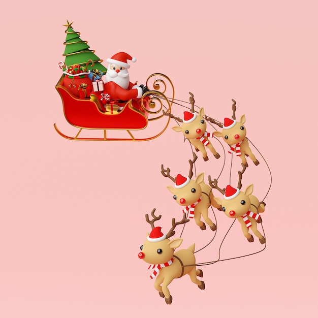 Santa Claus on a sleigh full of Christmas gifts 3d rendering