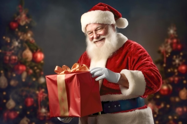 Santa Claus smiles and distributes gifts with great joy on the background of Christmas trees