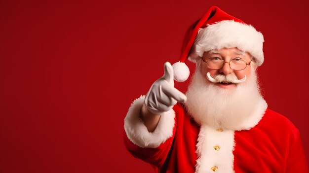 Santa claus smiling giving thumbs up with mobile phone on red background