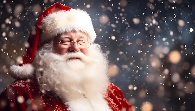 Santa Claus smiling with lights and snowflakes in the background