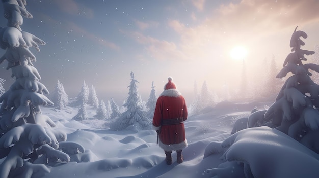 Santa claus in the snow looking at the sun