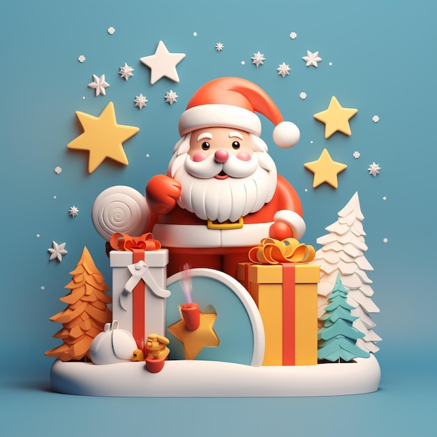 santa claus in the snow with christmas decorations 3d clay illustration generative ai