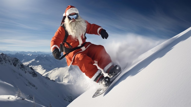Photo santa claus on snowboard in mountains santa claus on vacation surfing santa santa goes snowboarding