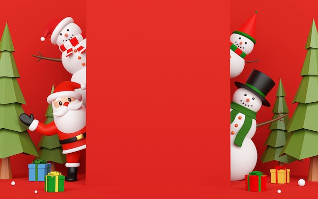 Santa Claus and Snowman on card invitation with copy space in the middle, 3d rendering