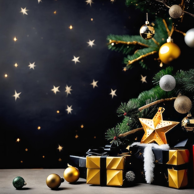 산타클로스 양말, 금색 별, 선물 상자 및 크리스마스 배경의 크리스마스 장식품