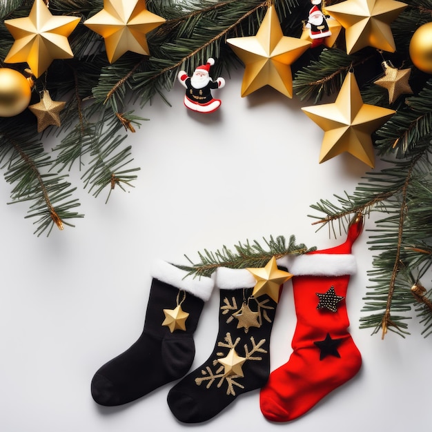 Santa Claus socks gold stars gift boxes and Christmas ornaments with a Christmas background