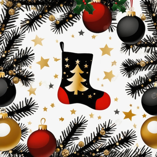 Santa Claus socks gold stars gift boxes and Christmas ornaments with a Christmas background