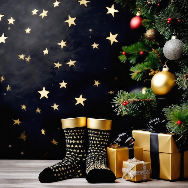 Santa Claus socks gold stars gift boxes and Christmas ornaments with a Christmas background