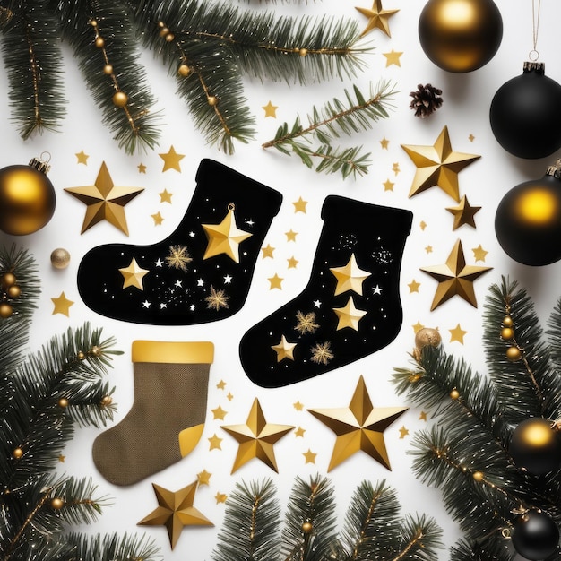 Santa Claus socks gold stars gift boxes and Christmas ornaments with a Christmas background