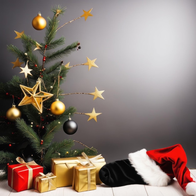 Foto calze di babbo natale stelle d'oro scatole regalo e ornamenti di natale con uno sfondo natalizio